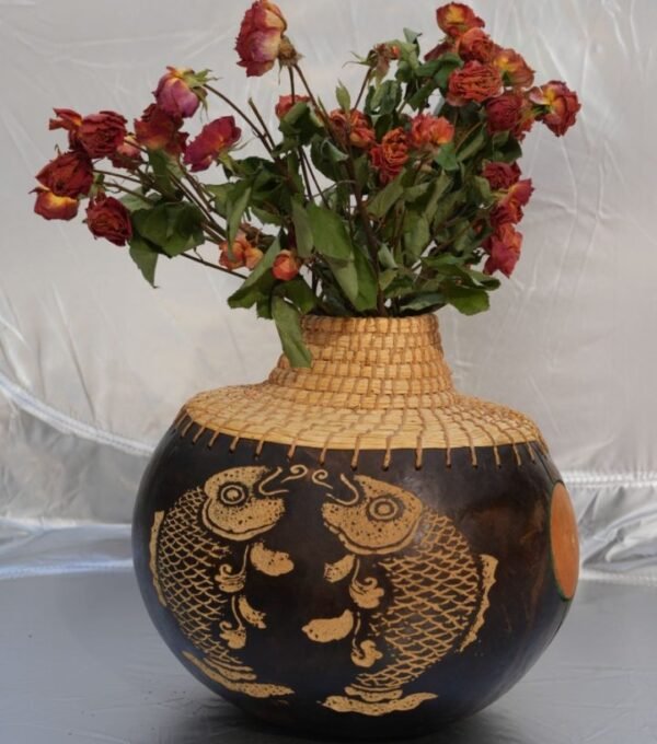 The two-fish figure,Carved gourd vases for dried flowers,Artist hand carved,Natural Gourd