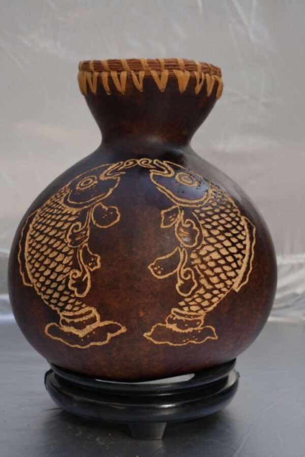 Double Fish,Carved gourd vases for dried flowers,Artist hand carved,Natural Gourd